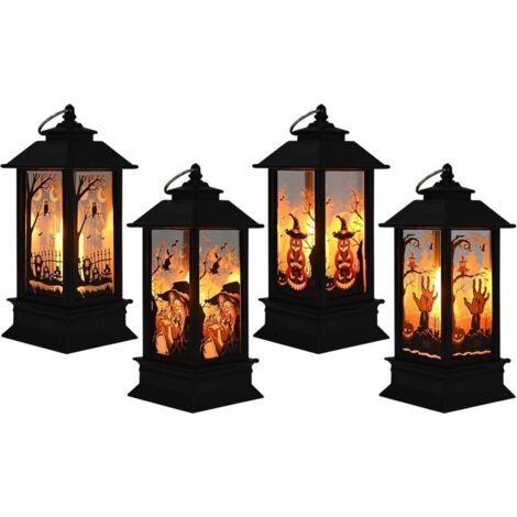 4 Pièces Lanterne d'Halloween Décoration LED Lanterne de Bougie Suspendue Citrouille Corbeau Sorcière Fantôme Motif de Main pour Intérieur Extérieur Décoration de Fête d'Halloween dans le Jardin