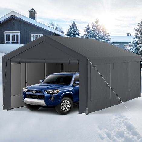 Abri de Voiture 595 x 300 cm Extérieur Tente de Garage avec 8 Parois Latérales Amovibles Portes Enroulables Fenêtres Ventilées Gris (1/2)