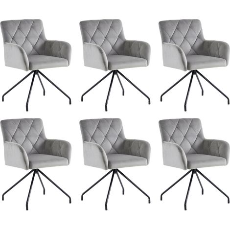 Lot de 6 chaises design velours gris clair - Motif losange, rembourrées, soutien lombaire - Pieds métal pour salon/bureau (1/5)