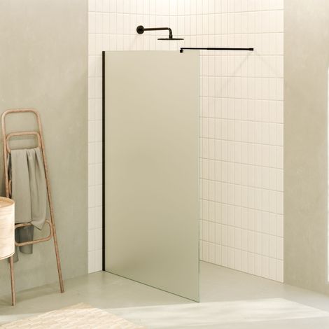 Mampara de ducha Walk-In FIONA 120 x 200 cm, panel fijo de cristal templado satinado 10 mm, barra 22BM y perfil inox negro mate - MOG (1/5)