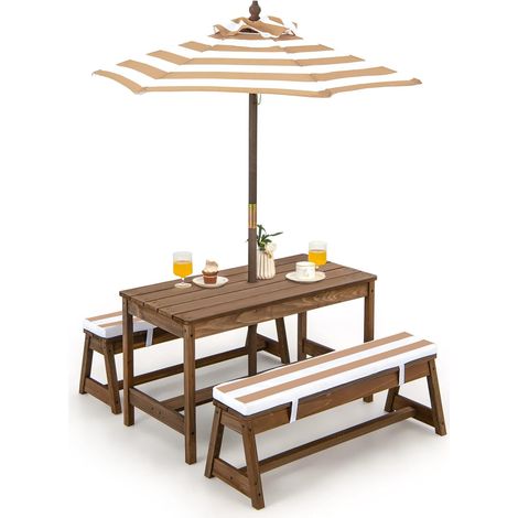 Goplus – Table enfant en bois avec parasol – Mobilier de jardin pour 4 enfants – Construction robuste en sapin – Dimensions 89x44x50cm