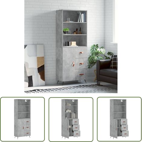 The Living Store Buffet haut Gris béton 69,5x34x180 cm Bois d'ingénierie - Buffet Design Moderne - Meuble De Rangement - Armoire Élégante - Mobilier Gris - Buffet Haut (1/5)