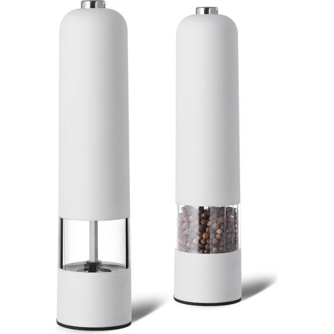 Elektrische Salz- und Pfeffermühle – weiße batteriebetriebene rote Gewürzmühle, einstellbare Rauheit, integriertes Licht, 8,66 Zoll kompaktes Design