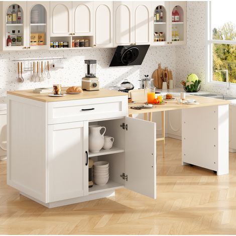 MODFU – Mesa alta extensible 133-202x70 cm de MDF con almacenamiento, cajón y ruedas bloqueables para cocina o salón – Blanco (1/5)