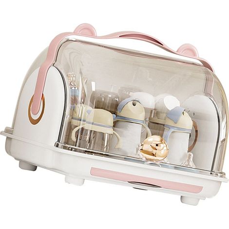 Aufbewahrungsbox für Babyflaschen mit Deckel, staubdichtem Abtropfeinsatz, rosa Kunststoff-Schrankorganizer für Babygeschirr (1/5)