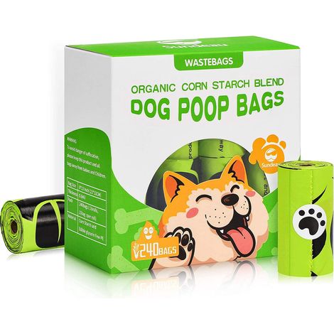 Sacs à déjections canines biodégradables, écologiques, étanches, compostables sans parfum, lot de 240 sacs (16 rouleaux) pour promenade chien. (1/5)