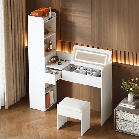 Toeletta bianca con specchio LED pieghevole, porta USB, armadietto laterale e sgabello (1/5)