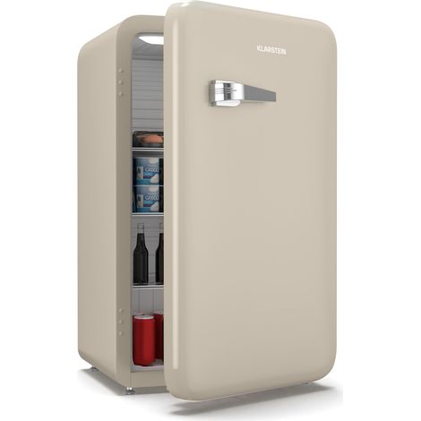 Klarstein Audrey Evo 90L Retro Mini Kühlschrank - Leise 40 dB, Kompakter Kühlschrank Klein mit Verstellbaren Füßen, Wendetür, Mechanischem Thermostat, Creme, Ideal für Schlafzimmer und Büros (1/5)