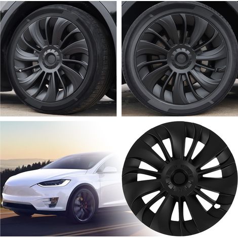(T04) (Video verfügbar) 4 asymmetrische Radkappen für 19-Zoll-Felgen des Tesla Model Y (2020–2023) (Wirbeldesign, ohne Logo, 14 Paare), mattschwarz (1/5)