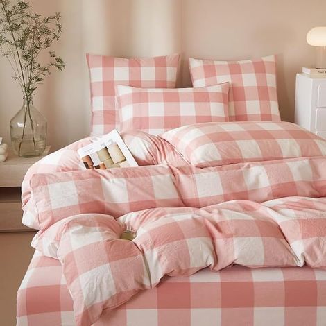 Housse de Couette 220x240 Coton Carreaux, Rose Blanc Linge de Lit avec Fermeture Éclair, 100% Coton Lavé, Parure de Lit 220x240 Coton avec 2 Taie d'oreiller 65x65cm (1/5)