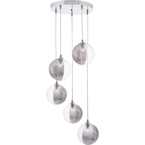 Dar Federico Suspension Federico à 5 lumières, finition chrome poli et verre côtelé fumé/transparent (1/2)