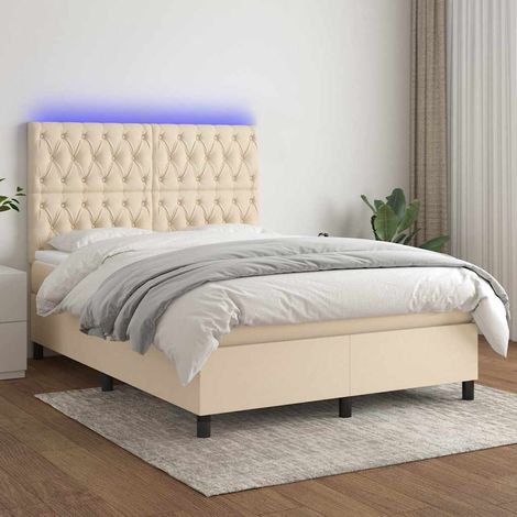 Cama box spring colchón y luces LED tela crema 140x190 cm (1/5)