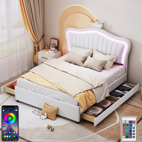 Letto matrimoniale 140x200 cm con 4 cassetti, illuminazione LED, APP, testata letto a forma di corona, sommier a doghe, letto capitonnato in similpelle - Bianco