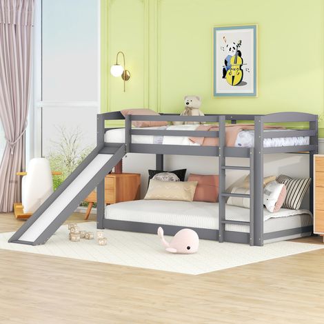Lit superposé pour enfants et adolescents, lit enfant avec toboggan, structure en bois massif, montage facile, 90x200cm, Gris