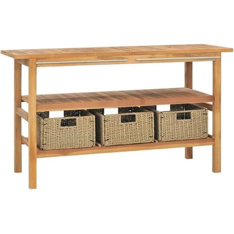 Meuble de salle de bain en bois massif de teck avec 3 paniers, 132x45x75 cm (1/5)