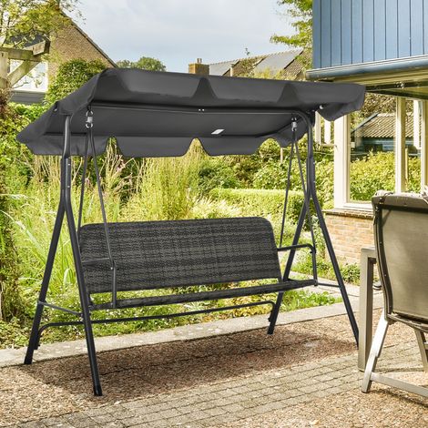 Dondolo da Giardino 3 Posti con Tettuccio Regolabile in Rattan PE, 167x112x153cm, Grigio Scuro