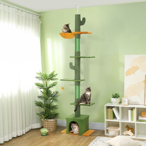 Árbol para gatos de techo regulable 230-275 cm con cueva y rascadores verde (1/5)