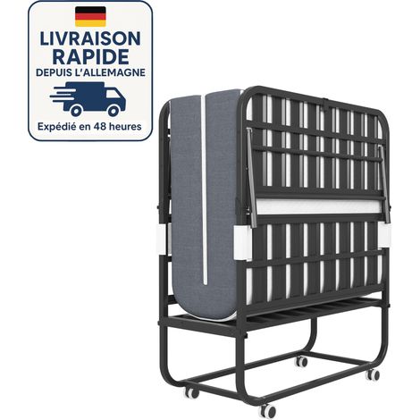 Modfu – Lit d'appoint pliant avec matelas mémoire de forme 9,5 cm – Cadre métallique robuste – 4 roulettes pivotantes – Dimensions 190 × 96 cm (1/5)
