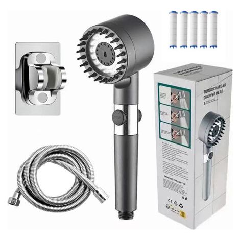 Soffione doccia con filtro, risparmio idrico, soffione doccia ad alta pressione con 3+1 getti, soffione doccia con tubo flessibile, elimina l'acqua dura, il cloro residuo, i batteri e