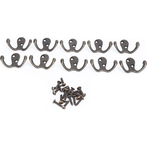 Lot de 10 crochets muraux doubles, petits, antirouille, robustes et durables, pratiques, pour vestes, vêtements et clés (placage laiton antique). (1/5)