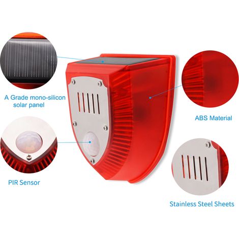 Système d'alarme solaire sonore et lumineuse avec détecteur de mouvement, alarme sonore 110 dB, avertisseur lumineux LED clignotant, système de sécurité pour maison, ferme ou villa. (1/5)