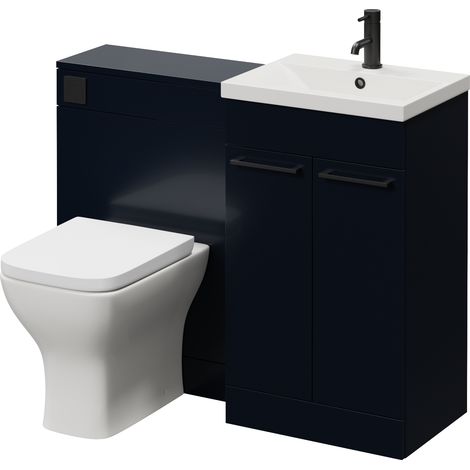 Napoli 390 Cento Deep Blue 1100mm 2 Door Vanity Unit Toilet Suite with Glide Basin - 1100mm - Matt Black 160mm HandleWith Kingston Toilet Pan and Seat