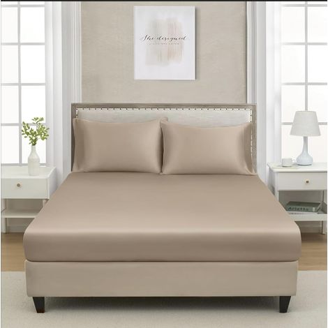 Drap Housse 140x190cm Bonnet 30 cm Satin Doré Jaune Microfibre Motif Drap de lit Soie Drap-Housse 140 x 190cm Uni Lisse Respirant pour Matelas Épais (1/5)
