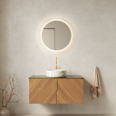 Meuble vasque mural de 91 cm avec vasque ronde en céramique blanche à motif pierre, plan de travail en pierre frittée noire, caisson en contreplaqué à 2 portes, finition chêne brun. (1/5)