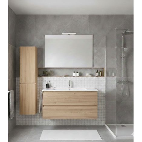 Badmöbel Set LOKI Vormontiert 2 Schubladen mit Füßen, Waschbecken und Spiegel Estepa 70x45 cm mit Hochschrank