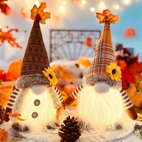Herbstdeko Wichtel mit Licht 2 Stück Herbst Dekoration Plüsch Figuren Halloween Deko mit LED Weihnachten Figur Herbsternte Beleuchtete (2 Stück)