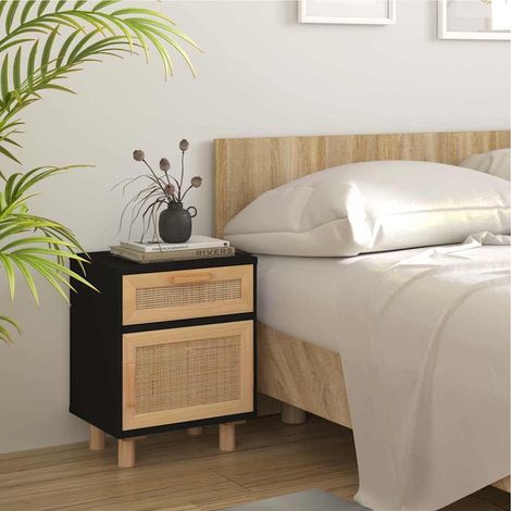 vidaXL Table de chevet Noir Bois de pin massif et rotin naturel (1/5)