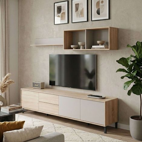 Mueble de Salón Moderno Bari, Módulos de Comedor, Mueble Tv Roble Canadian y Cachemir 200 cm