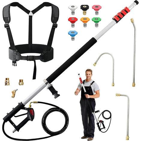 Pressure Washer Extension Rods, Telescopic Gutter Cleaner Attachment, Extension Rod Set with 7 Spray Nozzles & Support Strap, Pressure Washer Spray Rod Set for Gutters, Soffits, Walls (1/5)