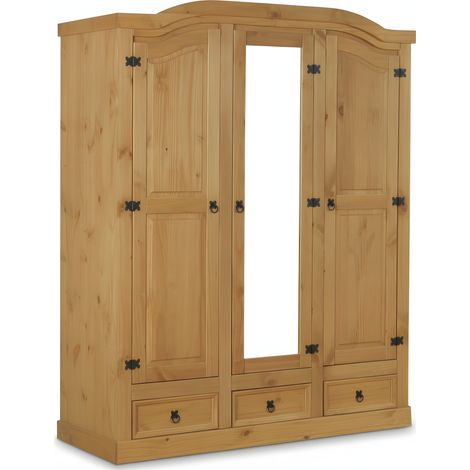 New Mexico Kleiderschrank 3 türig mit einer Spiegeltür, 2 getäfelten Türen und 3 Schubladen gelaugt, gewachst.