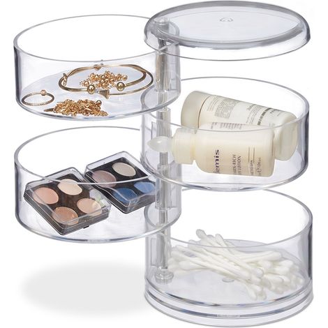 Relaxdays Organizador de maquillaje, Cuatro compartimentos giratorios, Estuche acrílico, Transparente