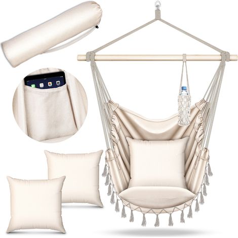 tillvex Sedia sospesa beige con 2 cuscini sospesi  Sedia sospesa con portabicchieri e scomparto per libri  Seduta sospesa resistente alle intemperie - per interni ed esterni  Cestino sospeso con borsa