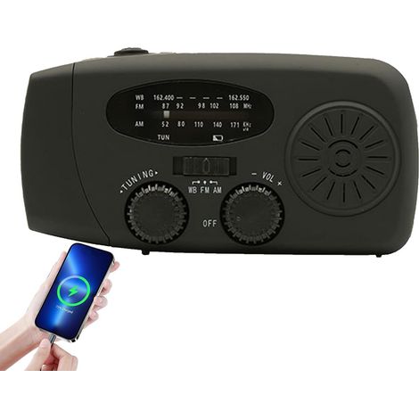 Radio météo à manivelle, rechargeable – Radio solaire AM/FM 2000 mAh, éclairage DEL, pour la survie à l'intérieur et le camping, noir (1/5)