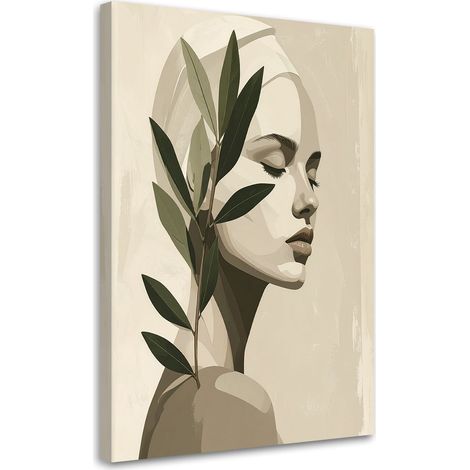 Quadro su tela, Ritratto minimalista di una donna con un ramo di pianta. - 40x60 (1/2)