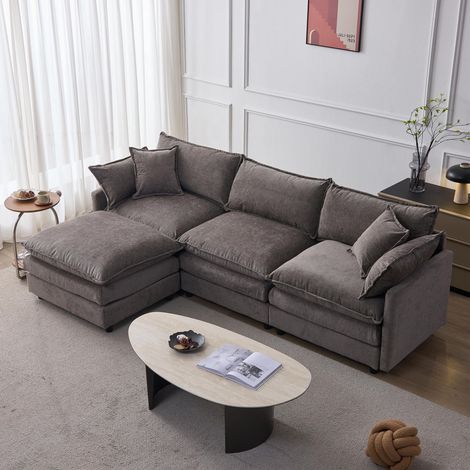 Canapé d'angle modulable, tissu chenille – trois places avec méridienne et repose-pieds, canapé en L confortable adapté aux petits appartements, salons et séjours, respirant et confortable, (1/5)