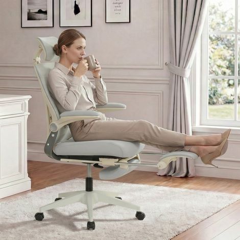 STILVORA Silla de oficina ergonómica ajustable con reposacabezas 3D y reposapiés, de espuma, gris (1/5)