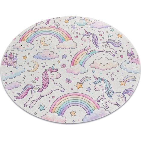 BAMBINO 61400 circle washing carpet Unicorn, rainbow for children anti-slip - cream / pink beige round 80 cm (1/5)