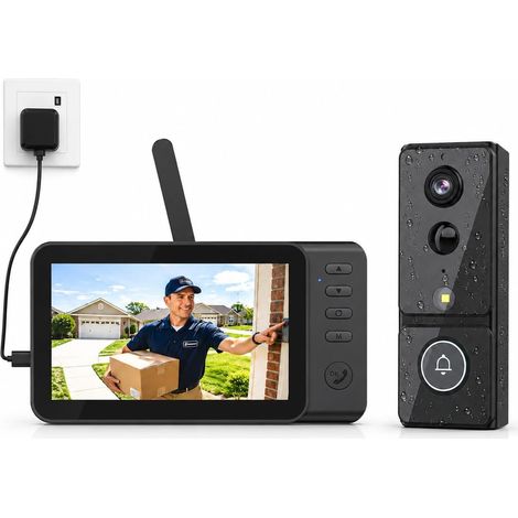 Sonnette sans Fil Exterieur Etanche Interphone Vidéo avec Caméra PIR Détection Mouvement avec Écran 4.3" Visiophone 170°,Humaine Détection,Vision Nocturne,Audio Bidirectionnel, 2.4G sans WiFi et APP (1/5)