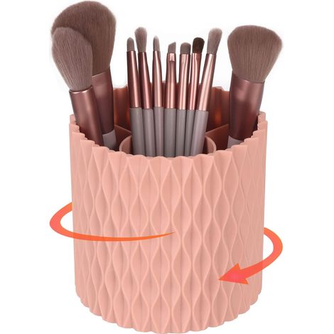Porte-pinceaux de maquillage rotatif 360° - Organiseur de bureau multifonction, pot de rangement pour stylos, rouges à lèvres, peigne et outils de beauté, rose vanity (1/5)
