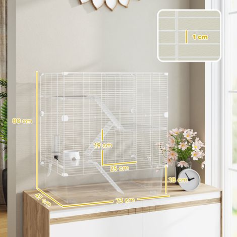 Cage à plusieurs niveaux pour rongeurs avec accessoires, en acier, PET et PS, 73x47x80cm, blanche. (1/5)