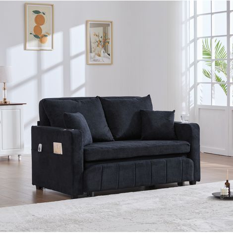 Sofá cama plegable multifunción de chenilla negra, con bolsillos laterales, portavasos y USB (1/5)
