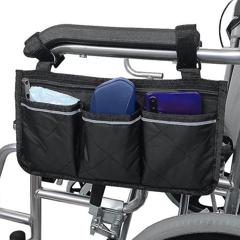 Sacoche pour fauteuil roulant avec poches, sacoche d'accoudoir universelle et imperméable, sac de rangement latéral pour fauteuil roulant, pochette d'accoudoir, 1 pièce - Noir (1/5)