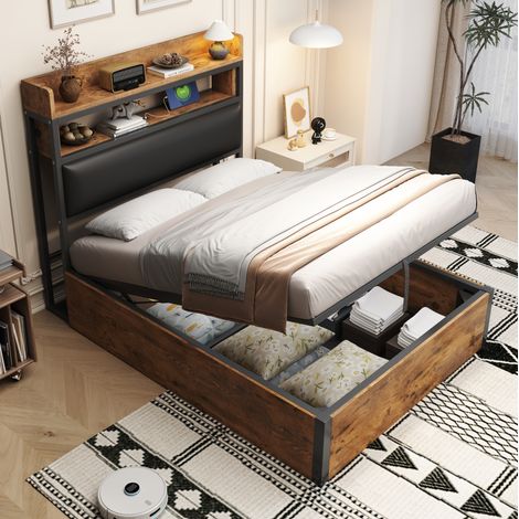 Letto singolo retro metallo e legno nero 90x200 cm con testiera imbottita, USB e vano contenitore sollevabile (1/5)