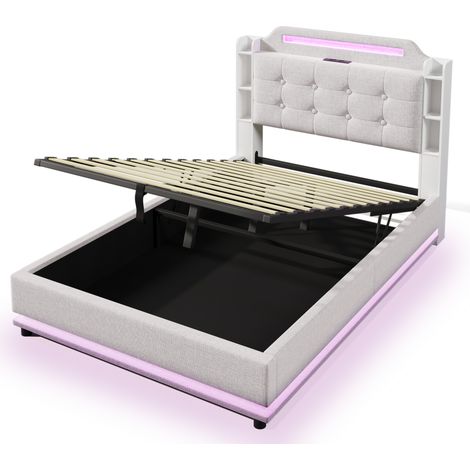 Lit coffre 140x200 beige, lit capitonné en lin avec éclairage LED, rangements et ports USB/Type-C, sommier inclus, sans matelas (1/5)