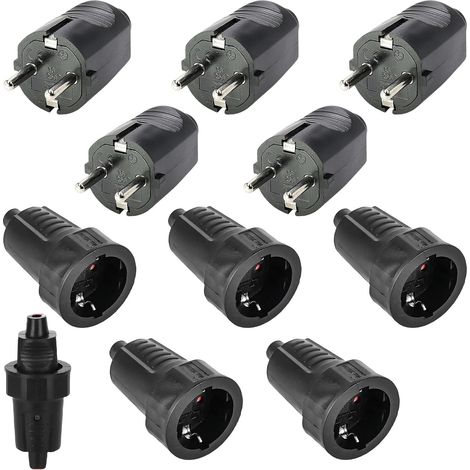 Lot de 5 Paires de Fiches Schuko 250 V 16 A IP54 - En Caoutchouc - 2 Broches - Étanche - Noir - Raccord Sans Câble (1/5)