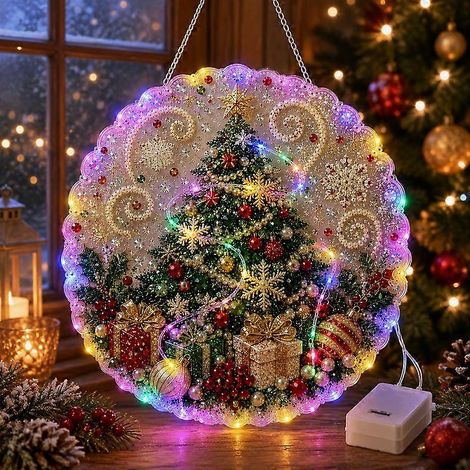 Décoration murale lumineuse en acrylique avec guirlande LED, à peindre soi-même en 5D avec des diamants. Idéale pour décorer fenêtres et portes pendant les fêtes de fin d'année. (1/5)